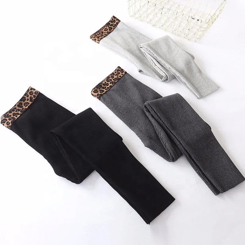 Women's leggings in a solid color, stretchy fabric, and rubber with a leopard print