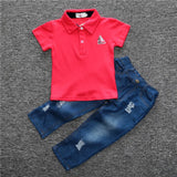 Boys' two-piece set, boho shirt and denim pants with elastic top and buttons