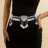 Waist belt body chain with embossed triangles and dangling coins