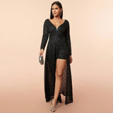 Black evening dress with a shiny mesh pattern, a wide front opening, a short layer, and long knitted sleeves
