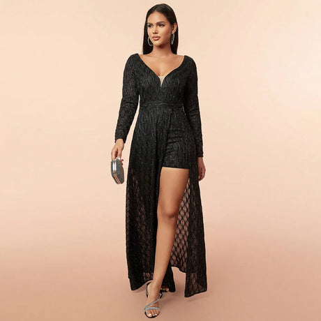 Black evening dress with a shiny mesh pattern, a wide front opening, a short layer, and long knitted sleeves
