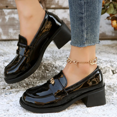 Women's patent leather loafers with short thick heels