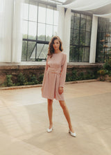 Autumn linen midi dress with long sleeves and belt