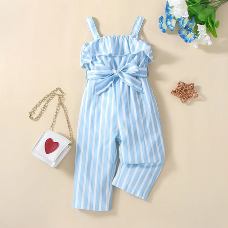 Girls' sleeveless striped jumpsuit with ruffles at the chest and a belt