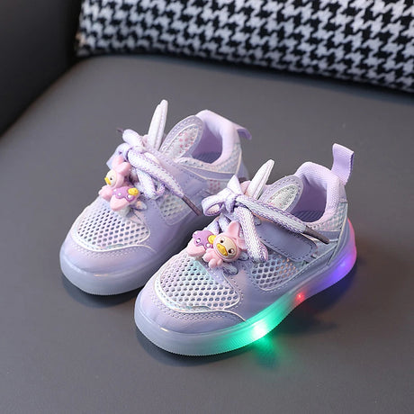 حذاء رياضي LED للفتيات مزود بخيط وأربطة لاصقة بنمط الأرنب