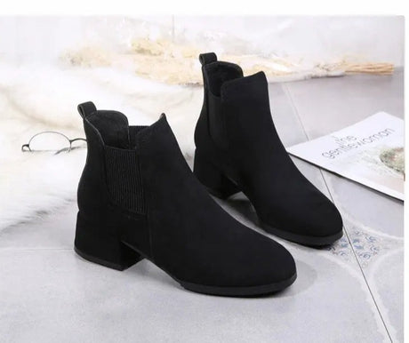 Women's solid velor boots with a low heel and built-in side elastic