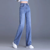 بنطلون جينز على الطراز الكوري، يتميز بخصر عالي، وأرجل واسعة، وجيوب أمامية وخلفية