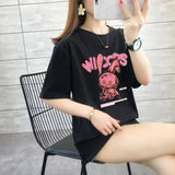 Women's wide T-shirt with elbow sleeves, solid color and bunny print with phrases