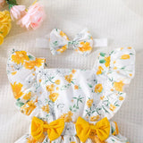 Girls' white summer dress with random yellow flower prints, ruffles at the shoulders and bows in the front, with a head tie in the same style