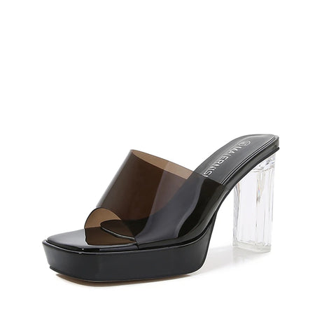 Transparent high-heeled sandals with one large transparent strap with a color block