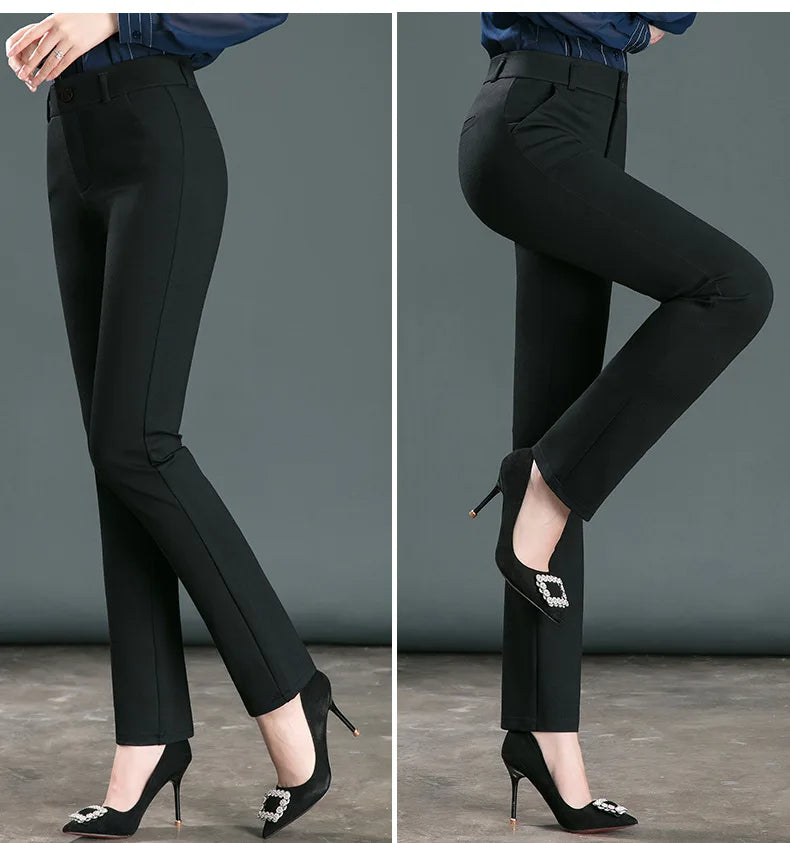 Women's formal style trousers with high elasticity, front zipper, button and pockets