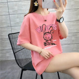 Women's wide T-shirt with elbow sleeves, solid color and bunny print with phrases
