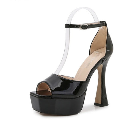 Thick, high-heeled sandals with an open front and a line with a buckle