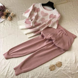 Women's compression wool sweater set, pearl hearts pattern sweater and solid color trousers with drawstring and front pockets