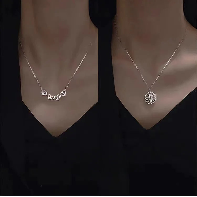 A chain with two ways to wear it in the shape of a heart or a rose