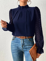 Women's plain blouse with semi-sheer long sleeves and ruffled round neck