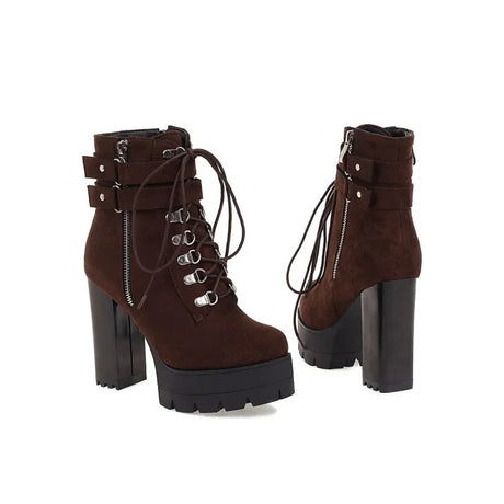 Elegant high heel boot made of velvet with front criss cross straps, side zippers and straps