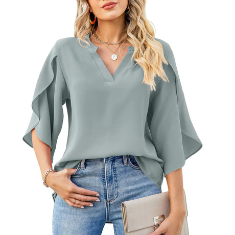 Women's plain blouse with short open sleeves and V neck