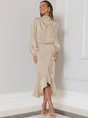 Satin dress without a plunging neckline, long bell sleeves and a ruffled hem