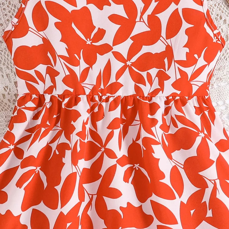 فستان صيفي بناتي بدون أكمام مع طباعة اوراق شجر برتقالية