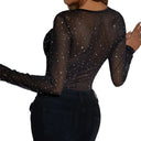 bodysuit decorated with crystals, sweetheart neckline and long sleeves