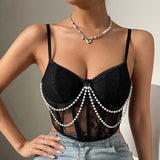 Women's sleeveless lace top decorated with white pearl chains