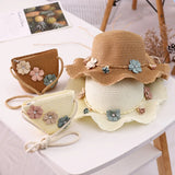 Two-piece set for girls A children's straw hat decorated with flowers and a crossbody shoulder bag decorated with flowers