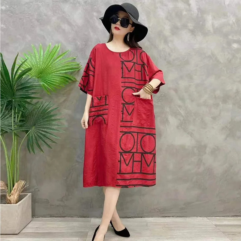 Loose solid color house dress with front pockets and letter print