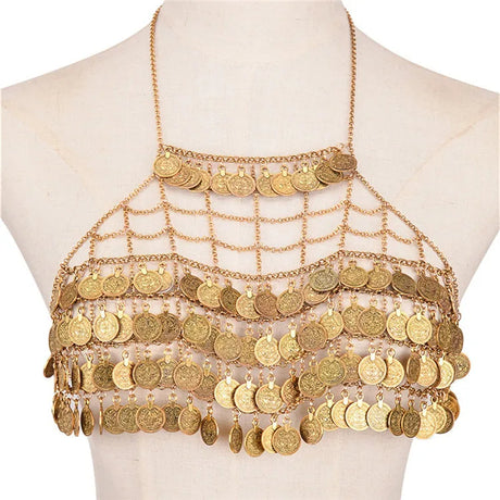 A shiny bohemian body accessory in the form of a crop top with dangling coins