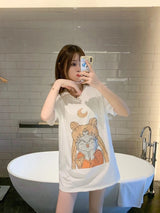 Wide and long T-shirt, solid color studded with moon girl pattern
