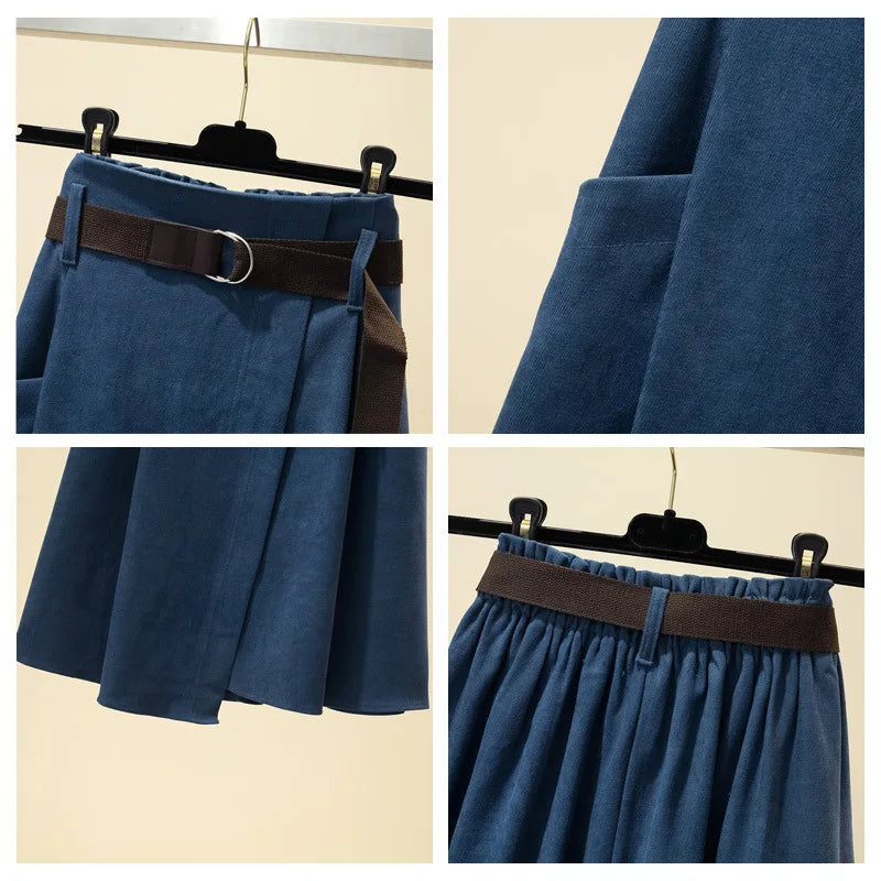 Denim skirt with ruffles at the back, side pockets and an additional belt