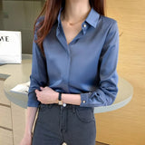 Women's solid-color satin shirt with long sleeves and hidden front buttons