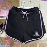Women's short cotton sports shorts with contrast border, front pockets, drawstring and cute little character print