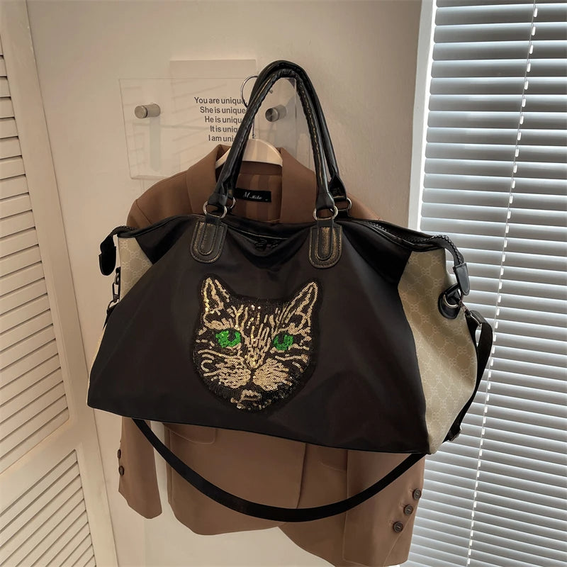 Women's Large Capacity Canvas Garment Bag with Leather Handles Wide Shoulder Strap Cat Face Sequin Embroidery Bag