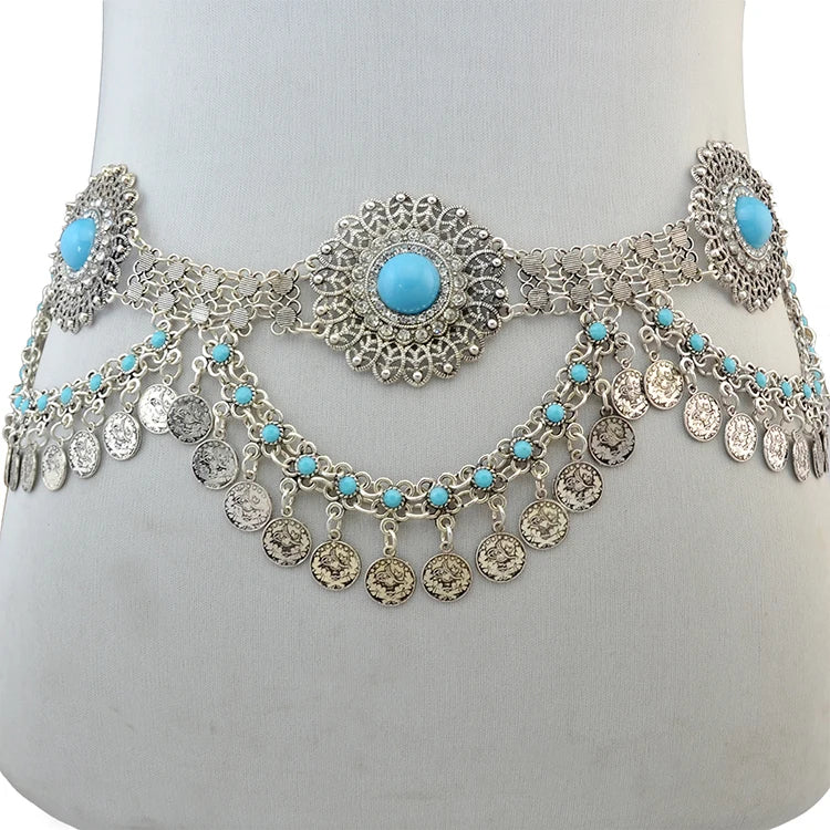 Heavy bohemian belt with three large circles decorated with turquoise stones and pendants