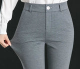 Women's formal style trousers with high elasticity, front zipper, button and pockets
