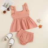 Girls' short solid-color dress, sleeveless, with ruffled shoulder straps, golden print and short ruffled pants, two-piece set