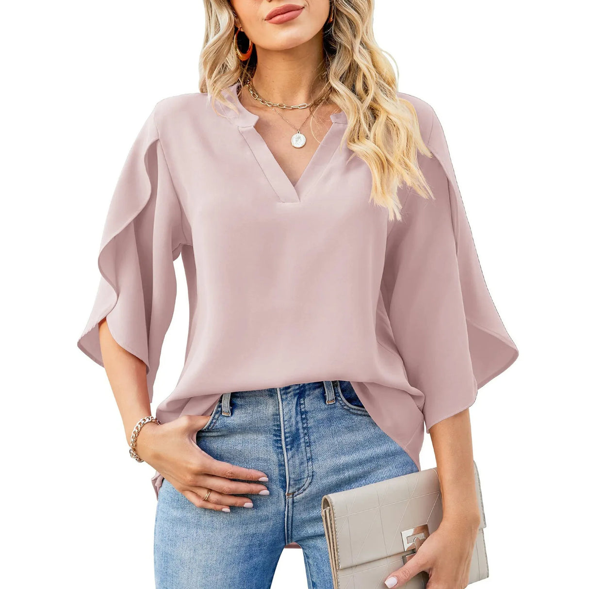 Women's plain blouse with short open sleeves and V neck