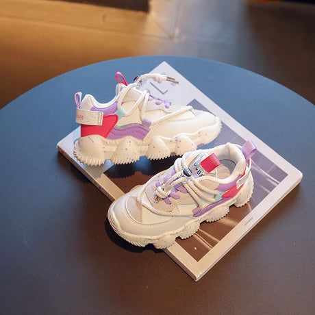 Girls' walking sports shoes with an elegant design with interlaced patterns in pink and purple, with a lace-up front