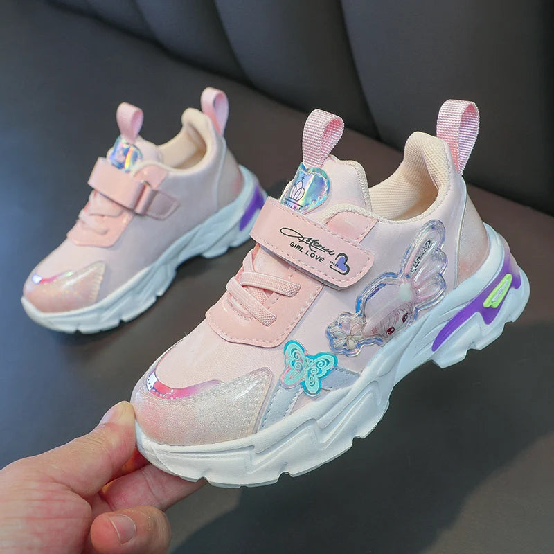 Girls' casual sports sneakers with shiny borders and luminous stickers, with front lace and adhesive.