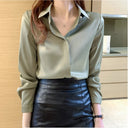 Women's solid-color satin shirt with long sleeves and hidden front buttons
