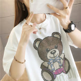 Wide women's T-shirt with sleeves up to the elbow, with a teddy bear and writing print