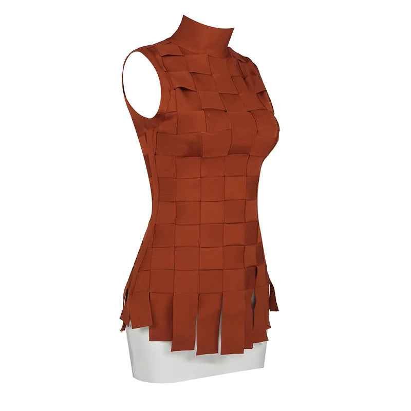 Short dresses for women with high neck and sleeveless, brown