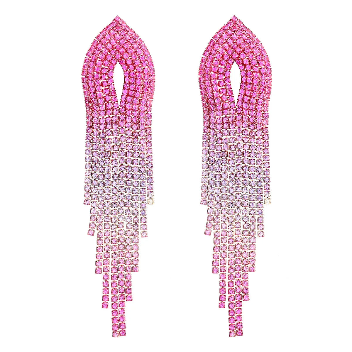 A pair of women's pink diamond long earrings made of crystal and rhinestone