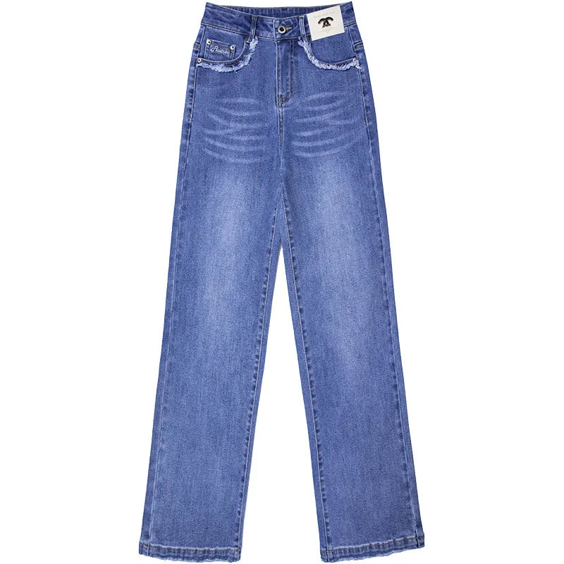 Korean style denim pants, with a high waist, wide legs, and front and back pockets