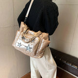 Women's shiny fluffy large capacity shoulder bag with handles, wide shoulder strap and star embroidery