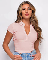 Short-sleeved shirt with collar and buttons 8%Spandex + 92%Rayon