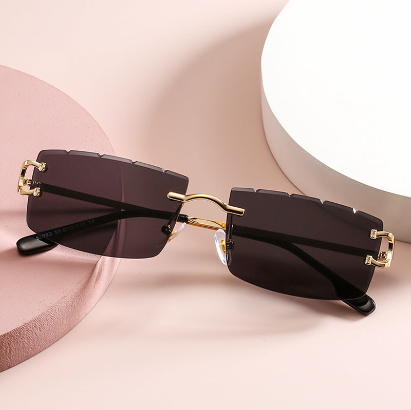 نظارة شمسية كلاسيكية للنساء، نظارات شمسية بعدسات مستطيلة بدون إطار مع حقائب يد ذهبية