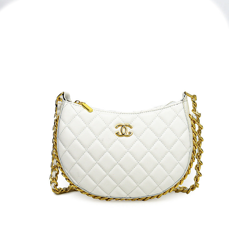 Solid color check stitched leather crossbody bag with logo and gold shoulder chain
