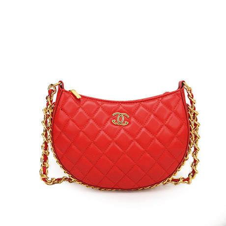Solid color check stitched leather crossbody bag with logo and gold shoulder chain